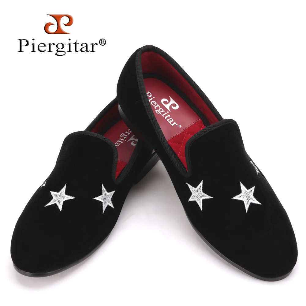 Men Piergitar Handmade Black Velvet Slippers Loafers With Star wedding and party shoes Size US 4-17 Free shipping