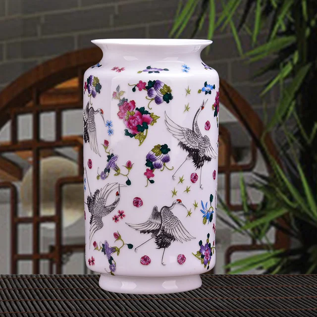 Antique Jingdezhen Luminous Ceramic Vase With Flowers and Crane Patterns Ceramic Table Vase Porcelain Decorative Vase 2