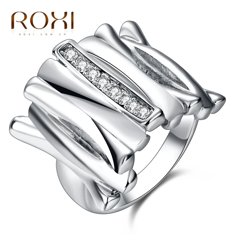 

ROXI Trendy Female Lady Rings Irregular Square Crystal Jewelry Luxury White/Rose Gold Color Party Wedding Finger Rings for Women