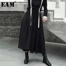 [EAM] Высокое качество, Осень-зима, черная винтажная юбка с завышенной талией, Новая модная женская юбка на бретелях LA923