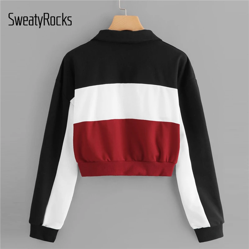 SweatyRocks Color Block Zip Up Sweatshirt Women Crop Tops Turn-Down Collar Long Sleeve Streetwear A