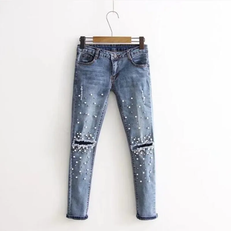 26-30 женские брюки Slim Fit Hips Thin Mid-rise джинсы бисерные отверстия Модные Джокер легкие джинсы