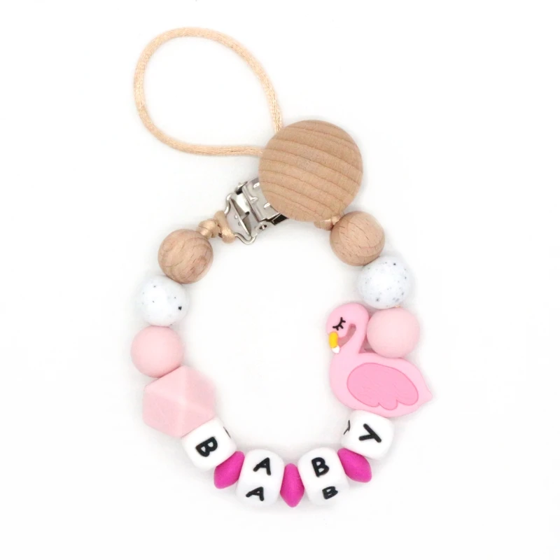 Personalise Name Pacifier Clips For Baby Flamingo Beads Pacifier Chain Holder Infant Newborn