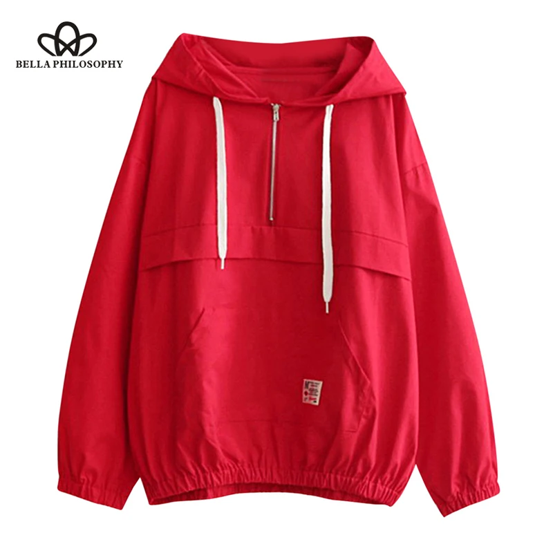 Wonder 2018 new autumn Women Hoodies Sweatshirts Half Zip Patched Pocket Loose Hoodie Long Sleeve Pullover Hooded Outwear tops