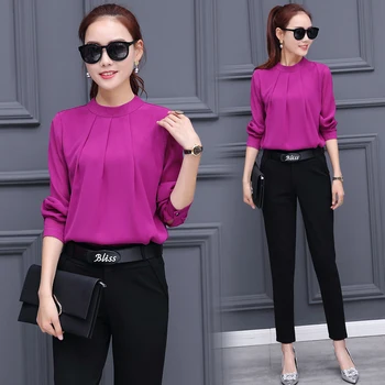 

European Fashion Women Suits 2017 Spring New Chiffon Solid Blouse Black Pants Two-Piece Clothing Set Pant Suit Lady Outfit S-XXL