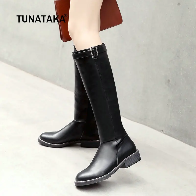 

Flat with Knee High Boots Women Pu Leather Low Heel Boots Slip On Autumn Winter Fashion Long Boots Woman Shoes Plus Size 43 2018