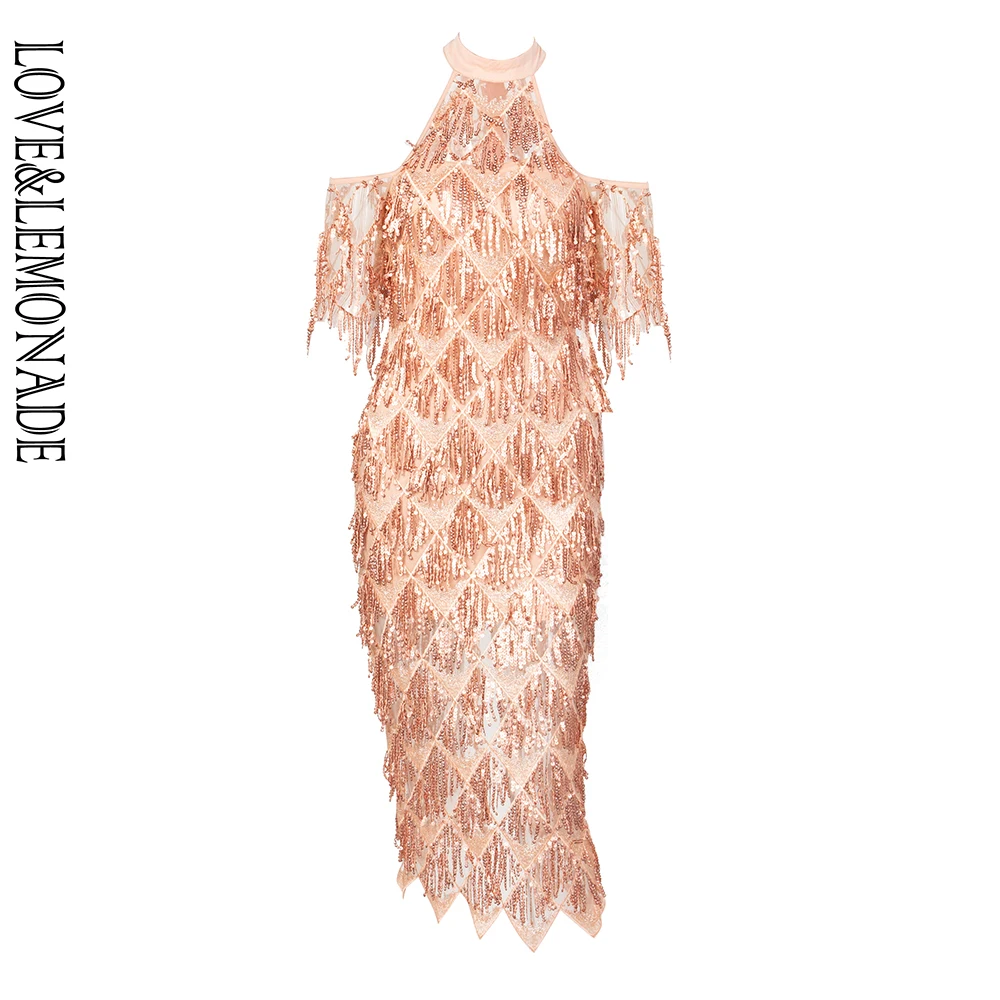

Love&Lemonade Sexy Gold Strapless Halter Neck Fringed Sequins Party Dress LM10002 GOLD