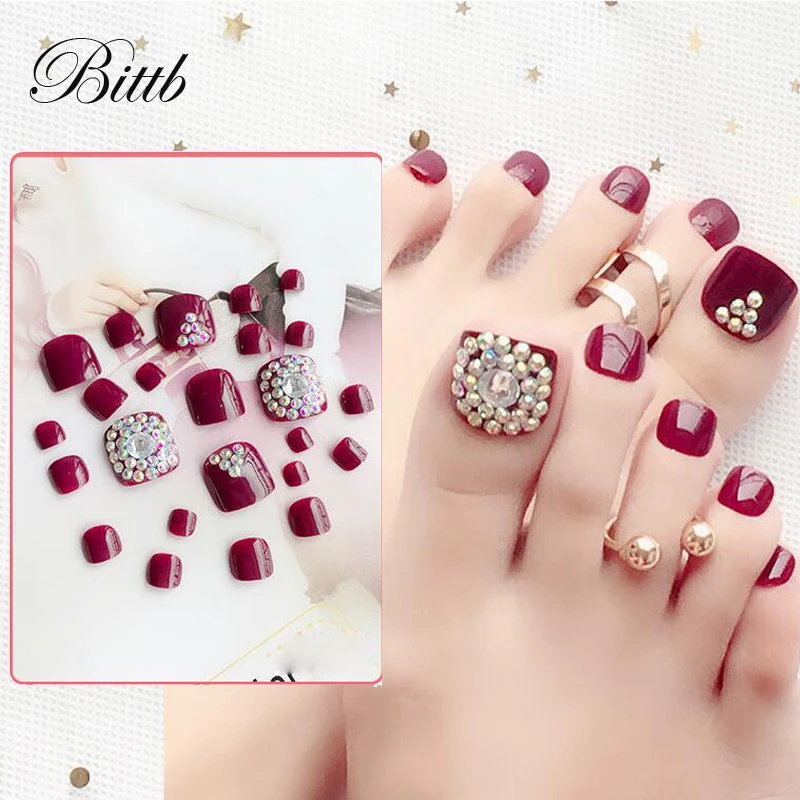 

Bittb Fake Toe Nails Full Cover False Toes Nail Art Tips Red Rhinestone Manicure Art Decoration 24pcs/set