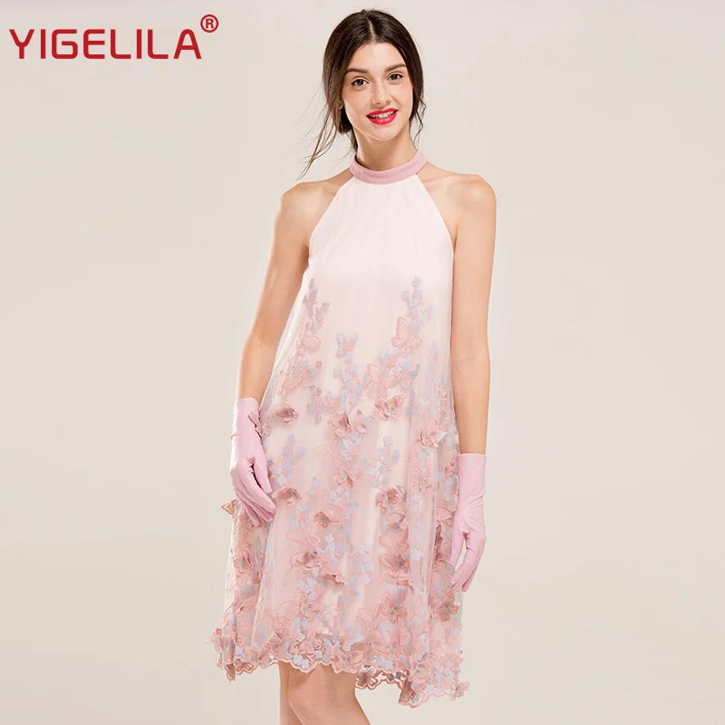 YIGELILA 62168 Latest New Women Cute Sexy Butterfly Embroidery Off Shoulder Halter Dress