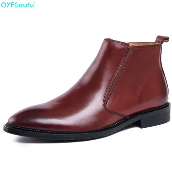 

QYFCIOUFU New Mens Genuine Leather Ankle Boots Men Chelsea Pointed Toe Work Boots Man Fashion Designer Zipper Dress Boots Shoes