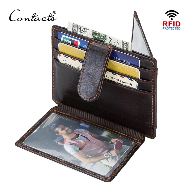 

CONTACT'S crazy horse genuine leather small card wallets for men RFID ID card holder mini walet thin case male purse cardholder