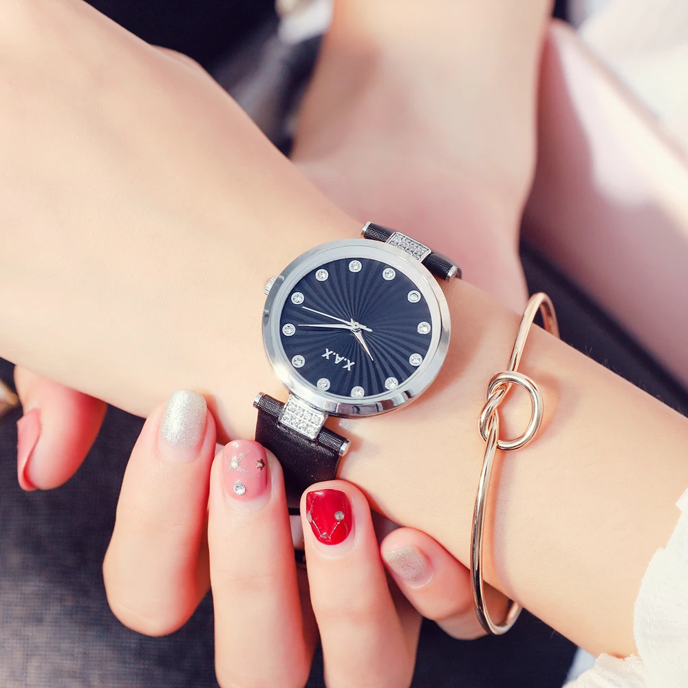 

XAX Branded Women Watches Silver Case Black Leather Strap