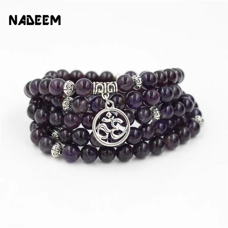 

NADEEM Drop Shipping New 100% Natural Purple Stone Mala Bead Bracelet Necklace Women's Yoga 4 Wrap Meditation Necklace Jewelry