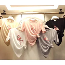 Настоящая фотография новые летние яркие шелковые женские футболки Фламинго Блестки бусины с коротким рукавом топы для студентов с круглым вырезом женские пуловеры