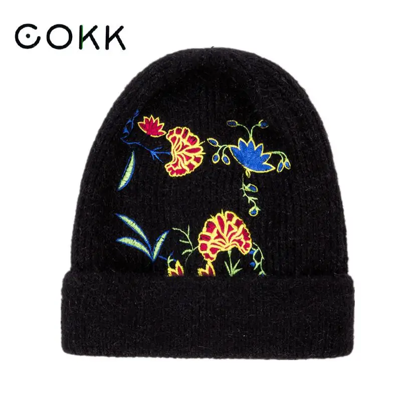 

COKK New Winter Beanie Women Hat Solid Flower Skullies Beanies Women Autumn Winter Hat Female Wool Knit Cap Chapeu Feminino