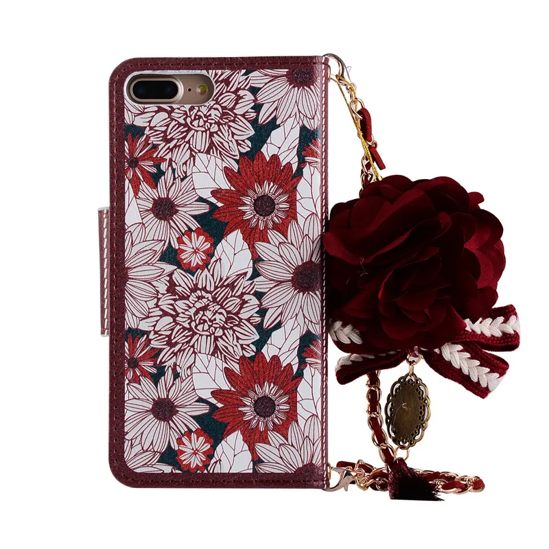 Роскошный кожаный чехол-кошелек с розовым цветком для iPhone 6 6s 7 8 Plus X XR XS Max Flower Chain Bag Coque