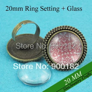 

20mm Antique Bronze Bead-edged Finger Ring Bezel, Adjustable Blank Ring Setting + Matching Glass