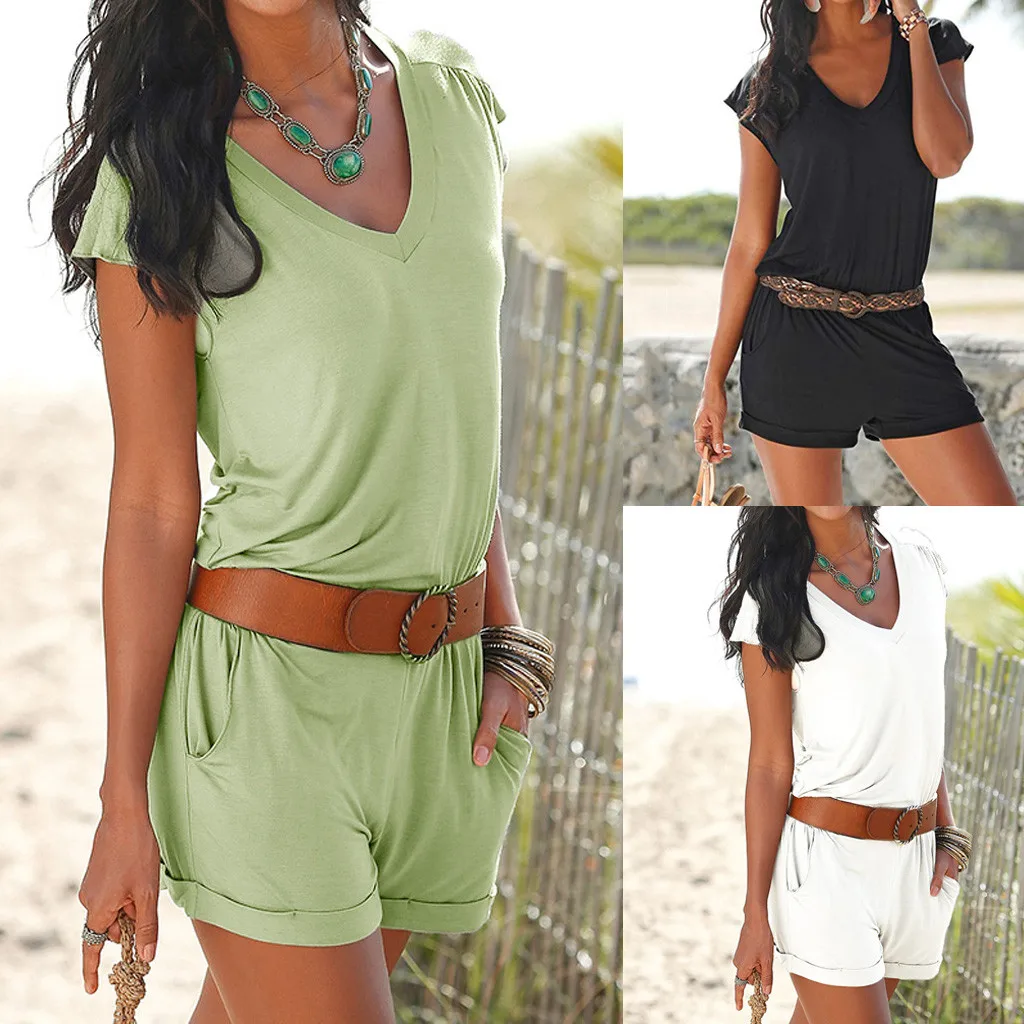 الصيف الصلبة ارتداءها إمرأة عارضة عطلة حزام البسيطة Playsuit السيدات الصيف السراويل بذلة الشاطئ ارتداءها الجسم موهير