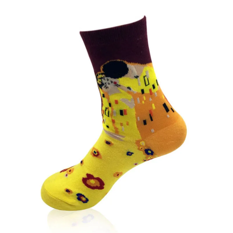 Цветные мужские носки из чесаного хлопка с изображением Ван Гога в стиле ретро, с масляными рисунками, крутая повседневная одежда, забавное праздничное платье, носки-лодочки, 1 пара = 2 шт. ms01 - Цвет: ms01Gold painting