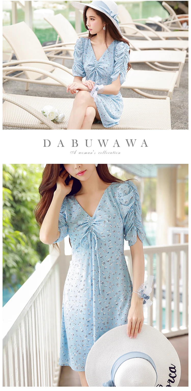 Dabuwawa женское летнее платье с цветочным принтом Новое шифоновое короткое платье на завязках с v-образным вырезом и пышными рукавами D18BDR136