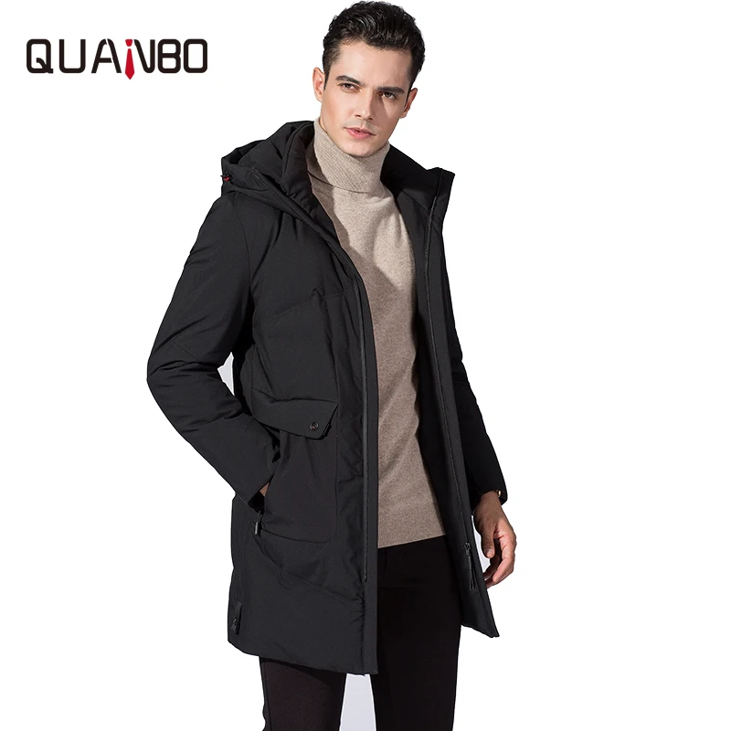 

QUANBO 2019 Men's Down Jacket High Quality Warm Thick Winter Down Jacket Hooded Business Casual Long 90% White Duck Down Coat