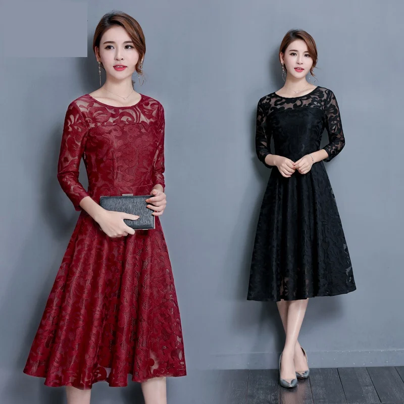 Весенне-осеннее кружевное платье, Модное Новое женское платье, Элегантное Черное женское платье, рукав семь четвертей, Одежда большого размера 947