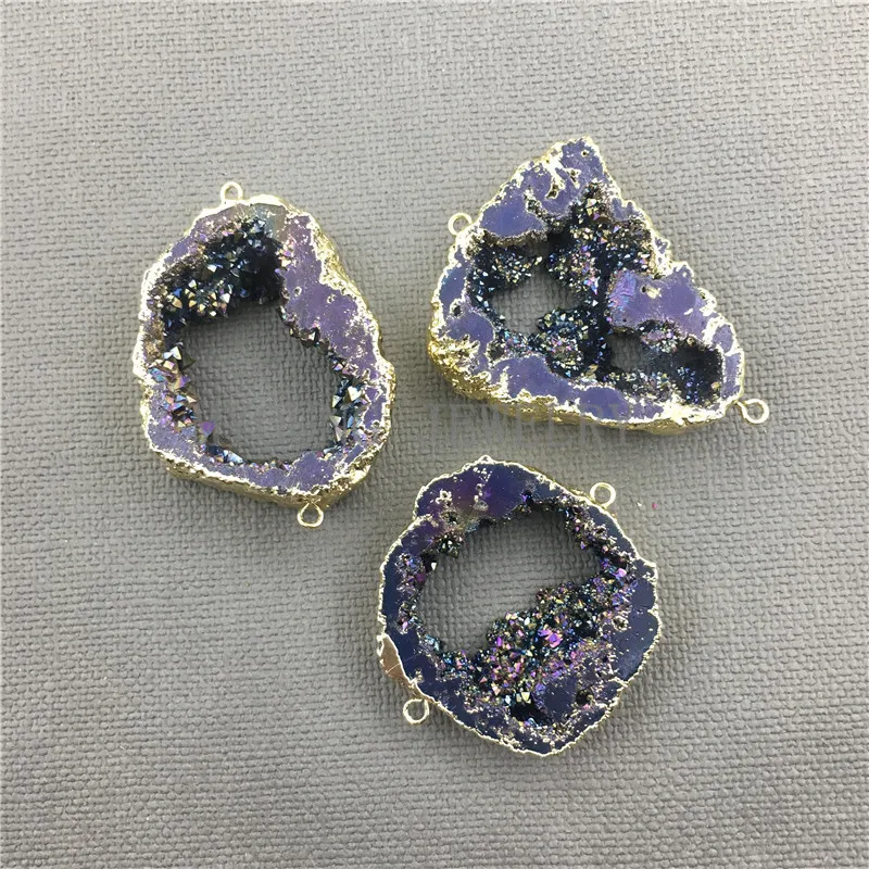 MY0422  Freeform Titanium Rainbow Geode Connector Beads,Mystic Purple Druzy  Raw Quartz Crystal Slice Drusy Pendant (1)