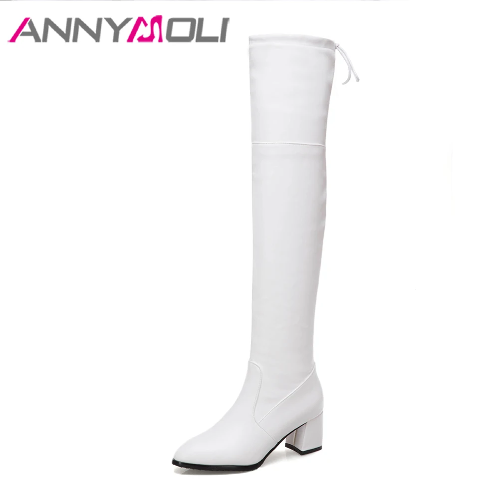 ANNYMOLI Ботфорты обувь Для женщин на высоком квадратном каблуке высокие сапоги с бантом на шнуровке сапоги до бедра черный, белый цвет Большие
