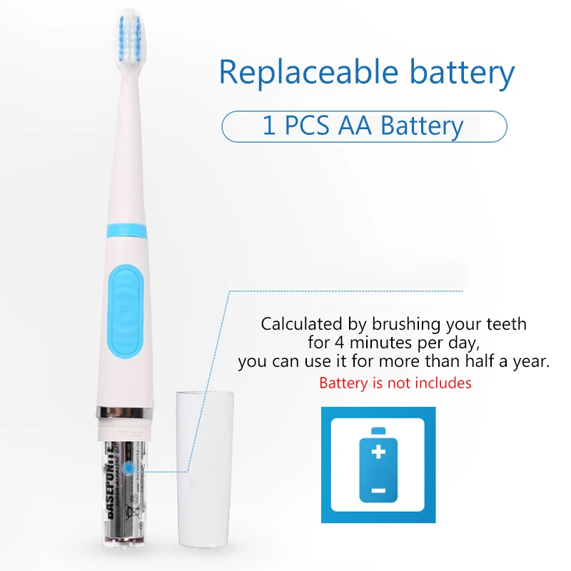 Водонепроницаемая электрическая зубная щетка для взрослых и детей, бесшумные зубные щетки Sonics с 1 мягкой сменной головкой на батарейках
