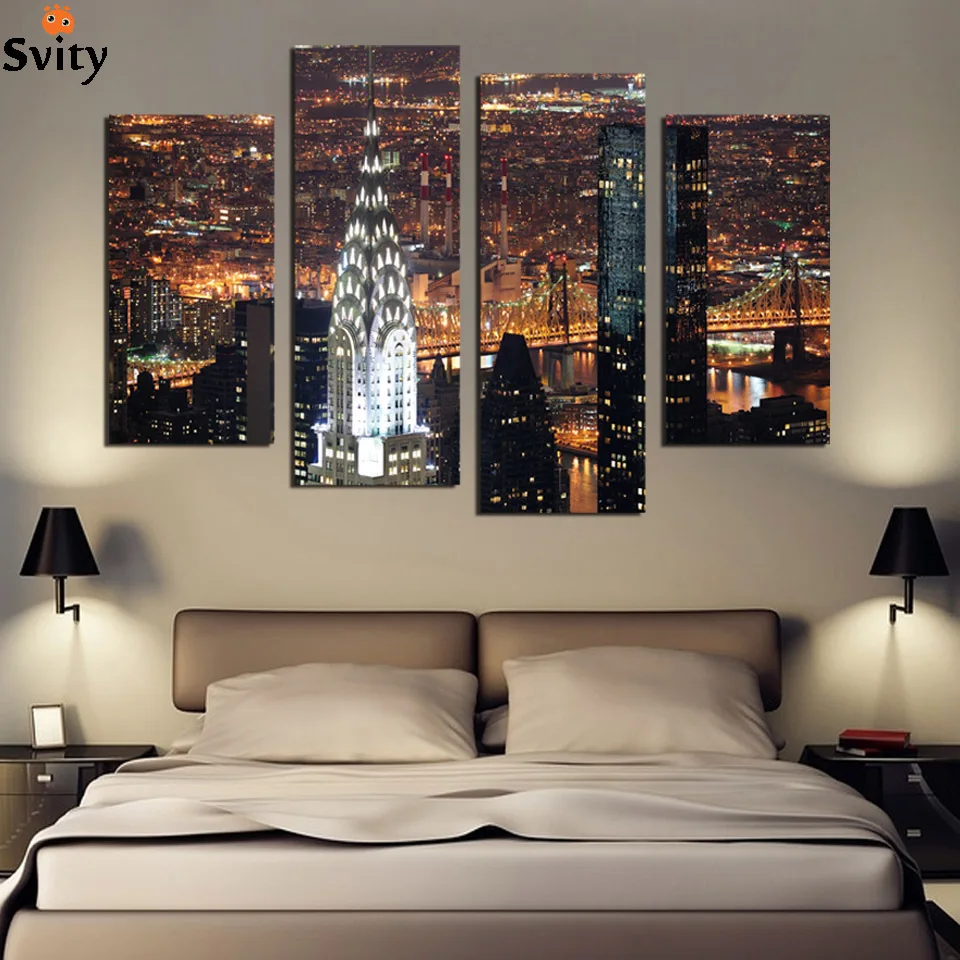 

4 pcs USA New York Manhattan In Nice Night Lights Scene painting Print On Canvas christmas decorations Modular Picture for home