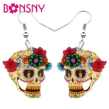 Bonsny массивные акриловые классические цветочные серьги в виде черепа на Хэллоуин, Висячие серьги, новые модные ювелирные изделия для женщин и девушек, Женские Подвески