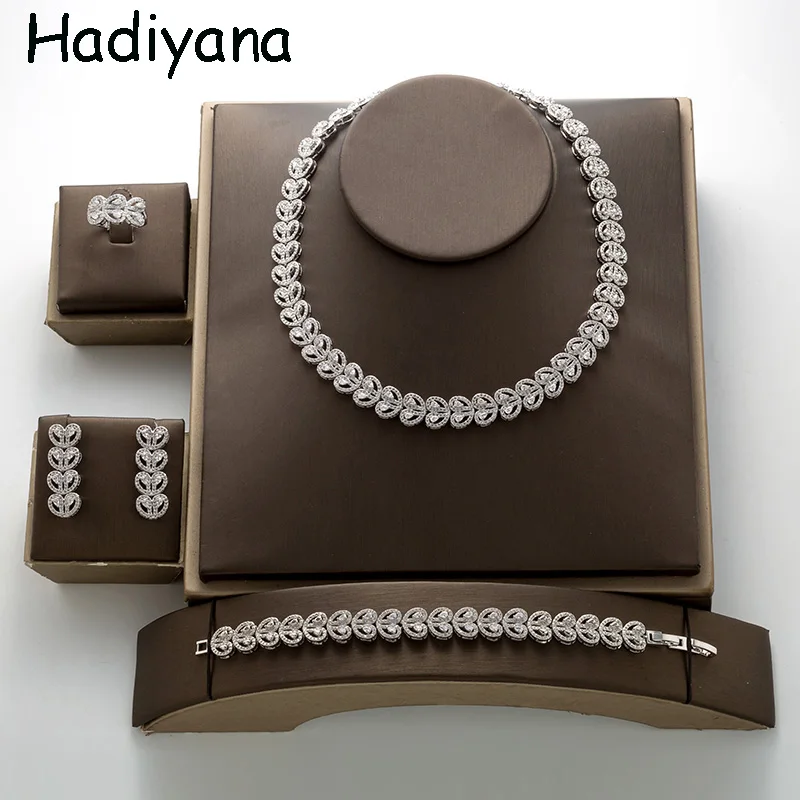 

Hadiyana Love Shape Necklace Bracelet Ring Earring Jewelry Set For Women Zirconia Heart Bridal Wedding Jewelry Sets TZ8139