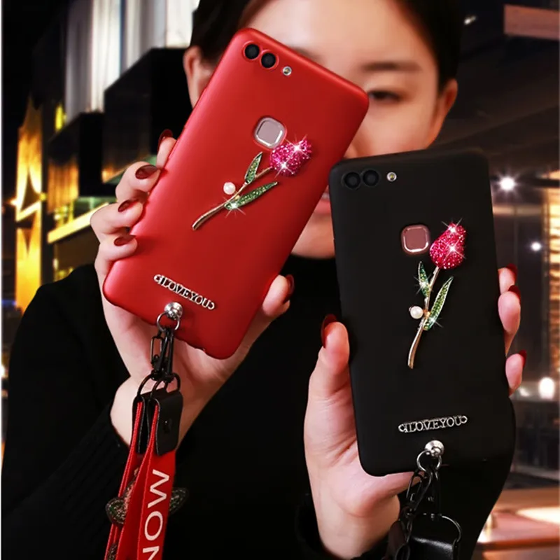 

for Huawei P Smart honor 7C 7a pro prime y9 Y5 Y6 2018 Y7 Prime Honor 6C pro Crystal Hard PC Case 3D Bling Cover Rose Lanyard
