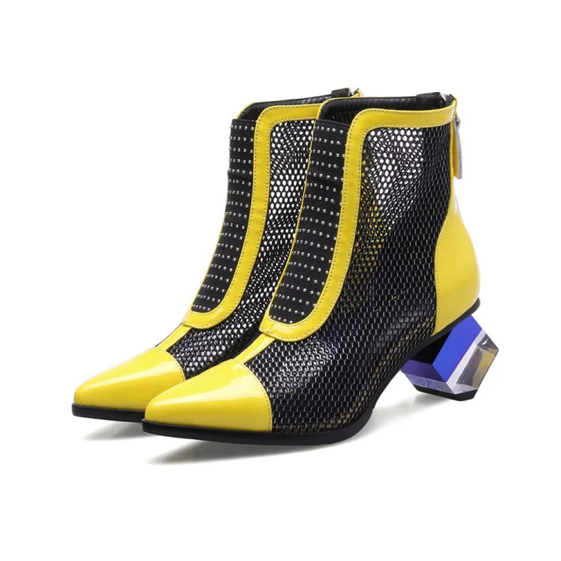 Summer Boots Shoes Woman 2018 Spring Fashion Mesh Ankle Boots For Women Patent Genuine Leather Color Block High Heels For Woman (27)