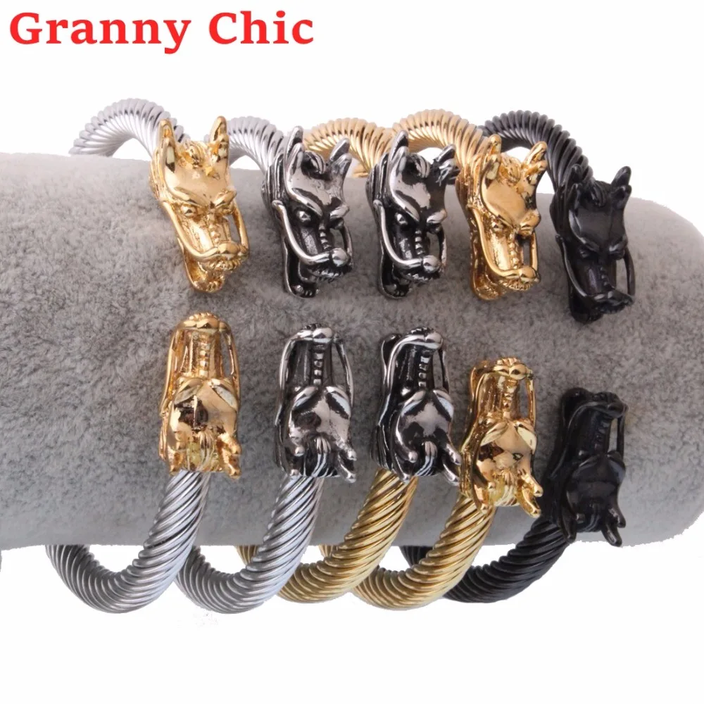 

Granny Chic Cool Mens Silver Gold Black Stainless Steel Double Dragon Heads Wire Cable Bracelet Men Cable Cuff Bangle Bracelets