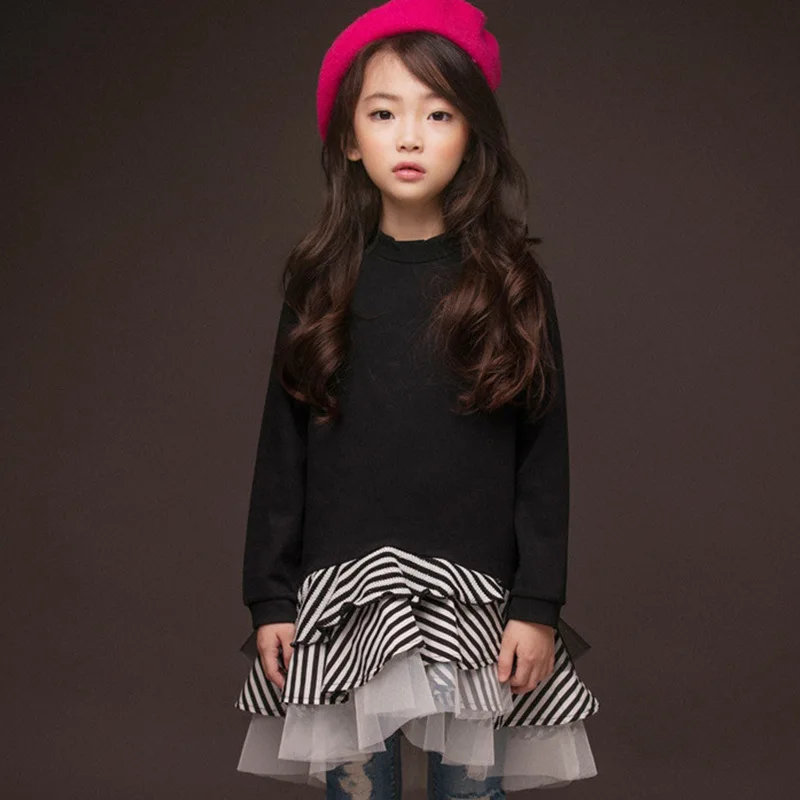 

2018 New Sweatshirt Girl Dress Kids Autumn Cotton Stripe Patchwork Ruffle Tutu Dresses Big Girl Fashion Clothes For 4-14 Yrs