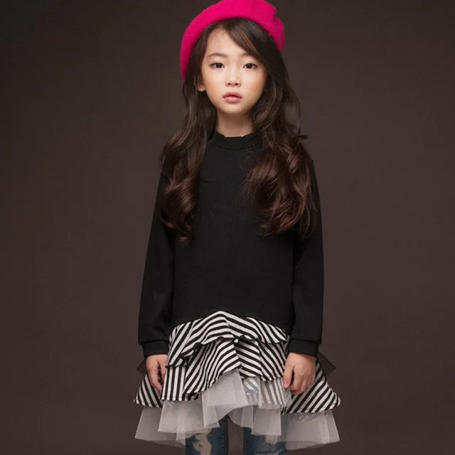 2018 New Sweatshirt Girl Dress Kids Autumn Cotton Stripe Patchwork Ruffle Tutu Dresses Big Girl Fashion Clothes For 4-14 Yrs