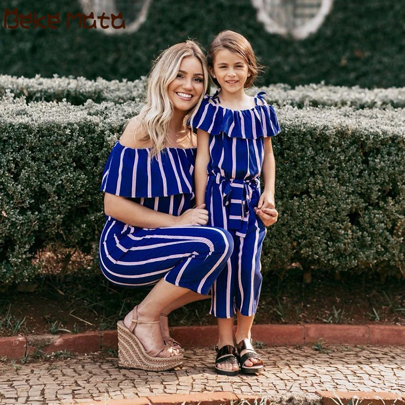 

Family Matching Clothes Summer Mommy And Me Clothes Striped Family Look Mother Daughter Off Shoulder Mom Girl Jumpsuit Outfits