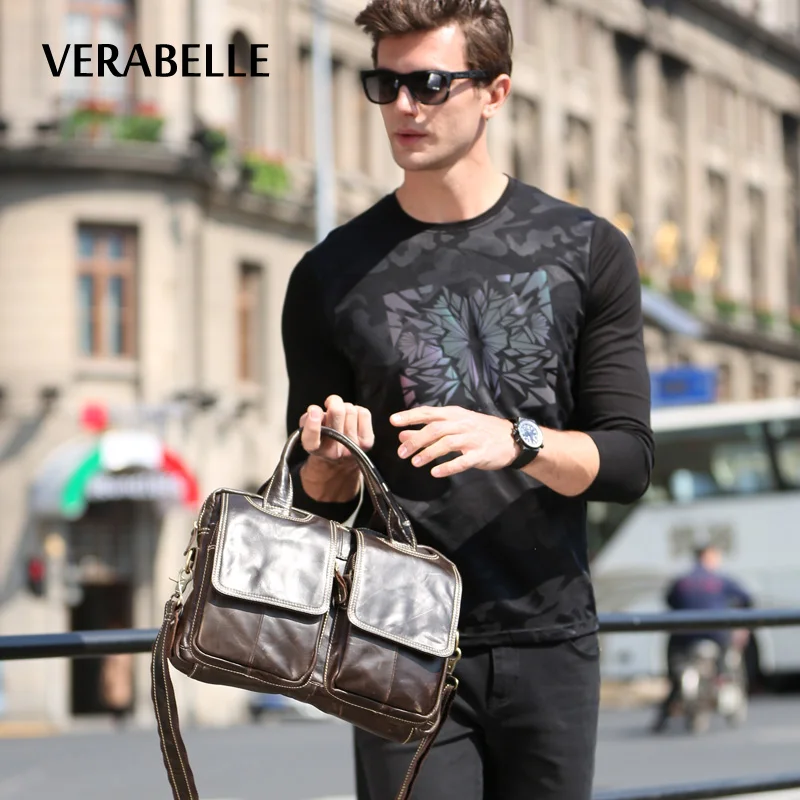 

VERABELLE cowhide top layer genuine leather high quality large business briefcase men totes shoulder messenger/crossbody bag
