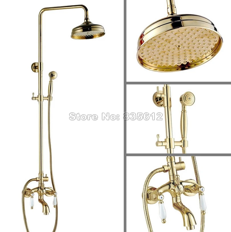 

Gold Color Brass Bathroom Luxury 8" inch Shower Head Rain Dual Handles Faucet Set with Dual Ceramic Handle Tub Mixer tap Wgf421