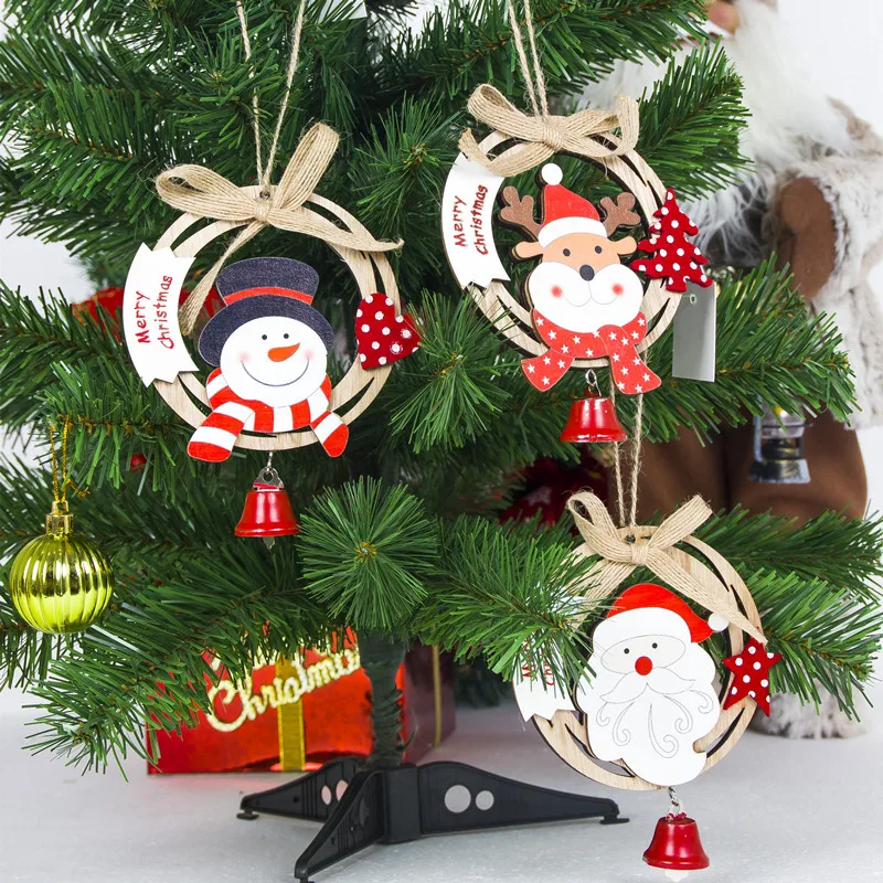 

Cute Santa Clause Bow Bell Christmas Tree Ornament Decoration Wooden Snowman Elk Hanging Pendant Christmas Decorations for Home