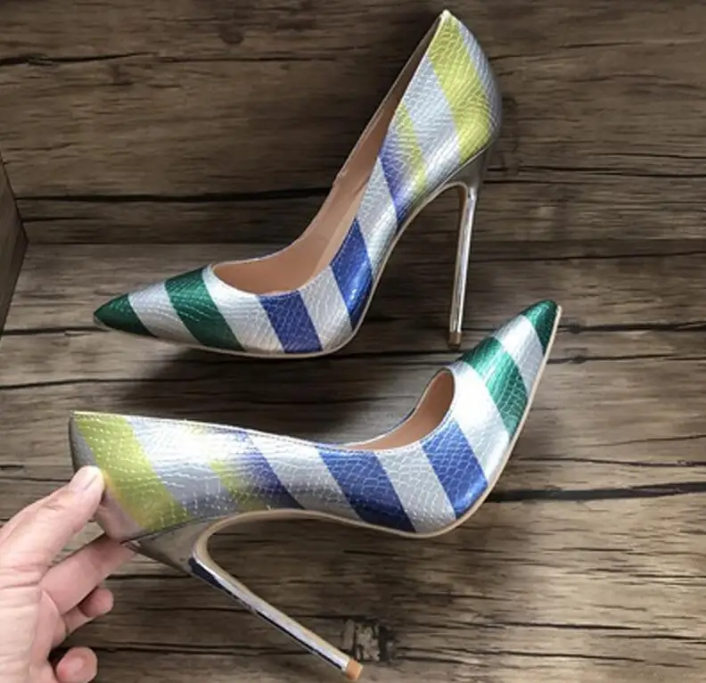 

Fashion Multi Stripe Gradient Python Pumps Shiny Leather Women Celebrity High Heels Pointed toe Low Cut Shoes Ladies Party Shoes