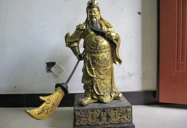 

S1485 Chinese Folk Fane classical Old Bronze Gild Guan Gong warrior Statue D0318