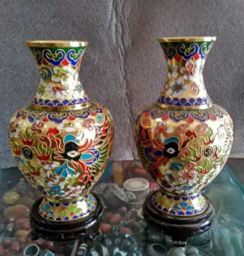 

7.88 inch / A Pair of Exquisite Chinese cloisonne dragon phoenix designs vases