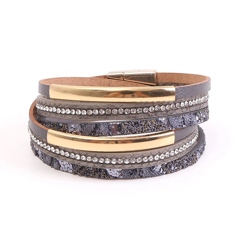 Olowu черный серый цвет кожа Широкие магнитные браслеты и браслеты многослойный Золотой металлический браслет с шармами из кристаллов Рождественский женский
