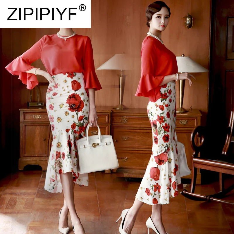 

Fashion OL Suit Sets 2019 Summer New Women's Stylish Flare Sleeves Blouse + Floral Print Mermaid Skirt C1754