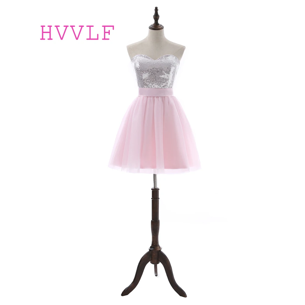 

Pink Homecoming Dresses A-line Sweetheart Short Mini Tulle Squins Bow Cocktail Dresses