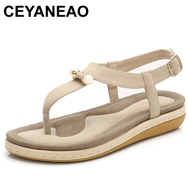 

CEYANEAO Summer Shoes Women Bohemia Ethnic FlipFlops Soft Flat Sandals Woman Casual Comfortable Plus SizeWedge PearlSandalsE1992