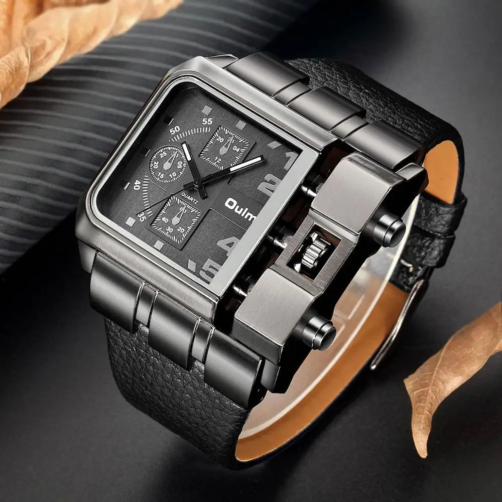 Oulm 3364, повседневные наручные часы, квадратный циферблат, широкий ремешок, мужские кварцевые часы, роскошные Брендовые мужские часы, супер большие мужские часы, montre homme - Цвет: Черный