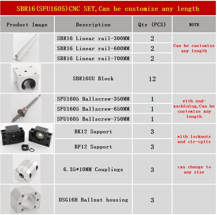 6 комплектов линейных рельсов SBR16 линейных направляющих любой длины+ линейных подшипников+ SFU1605 шариковый винт+ 3 BK12/BF12+ 3 DSG16H гайки+ 3 муфты - Цвет: 300 600 700